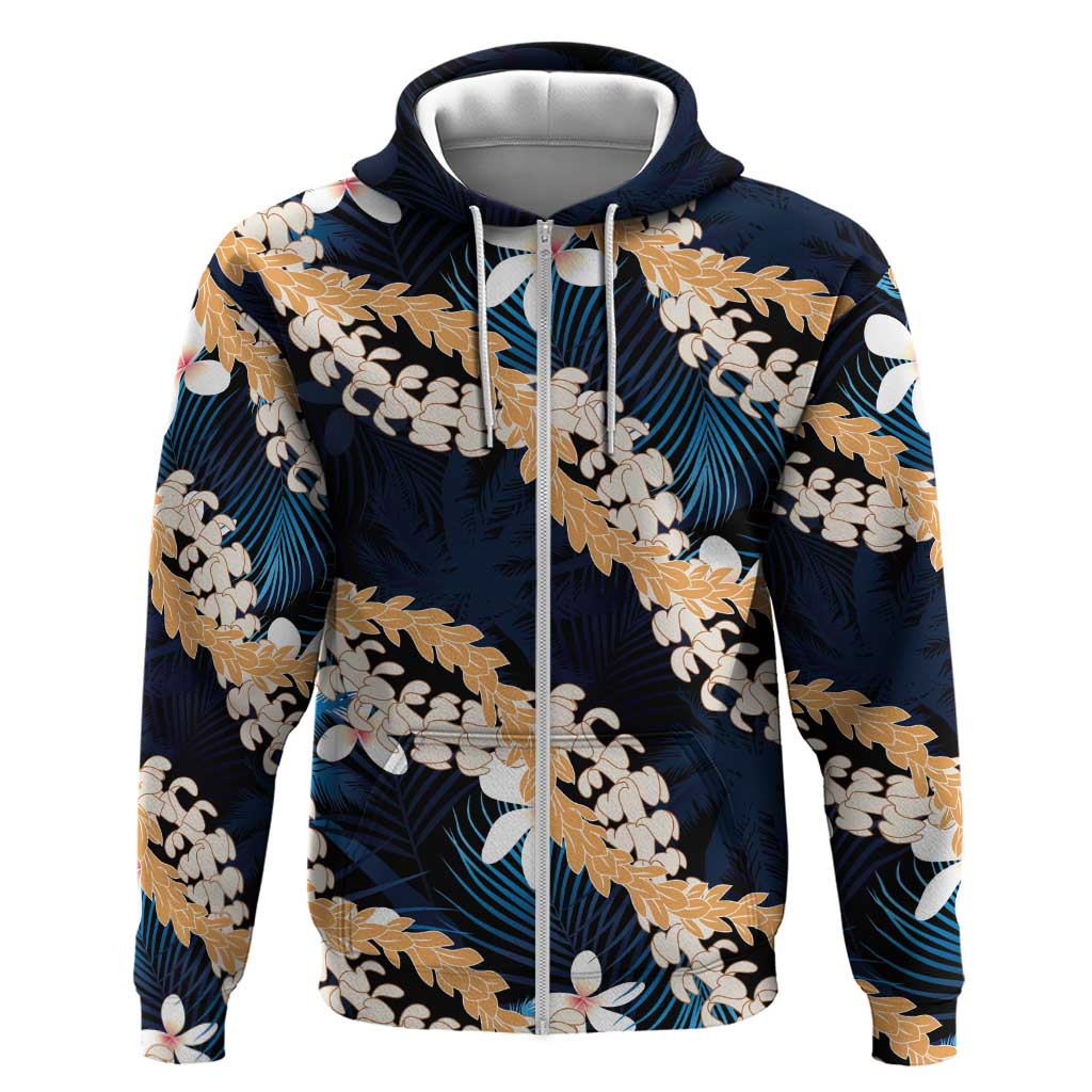 Puakenikeni Maile Lei Hoodie Frangipani Blue Tropical Leaves LT01 Zip Hoodie Blue - Polynesian Pride