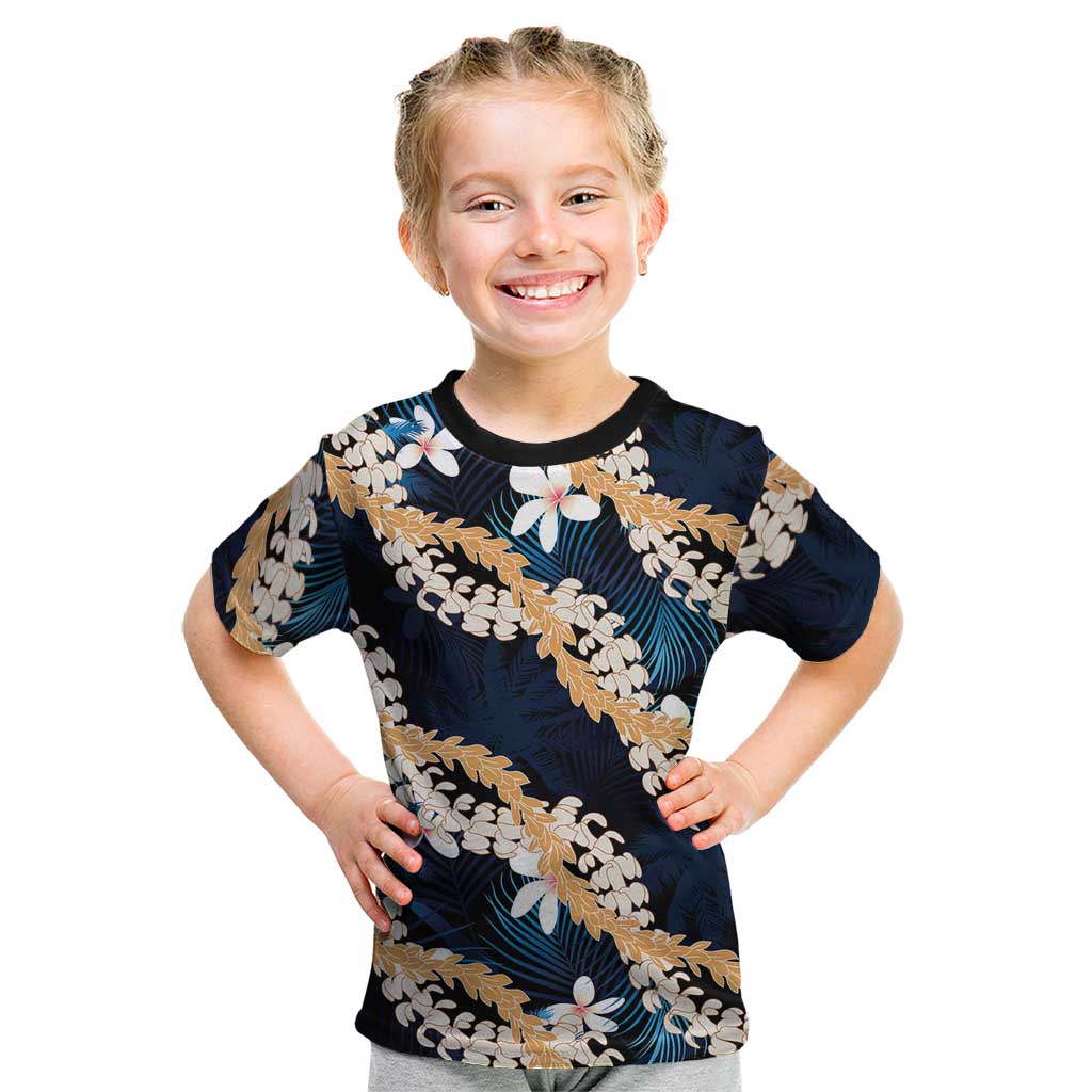 Puakenikeni Maile Lei Kid T Shirt Frangipani Blue Tropical Leaves