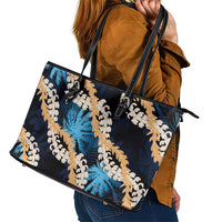Puakenikeni Maile Lei Leather Tote Bag Frangipani Blue Tropical Leaves