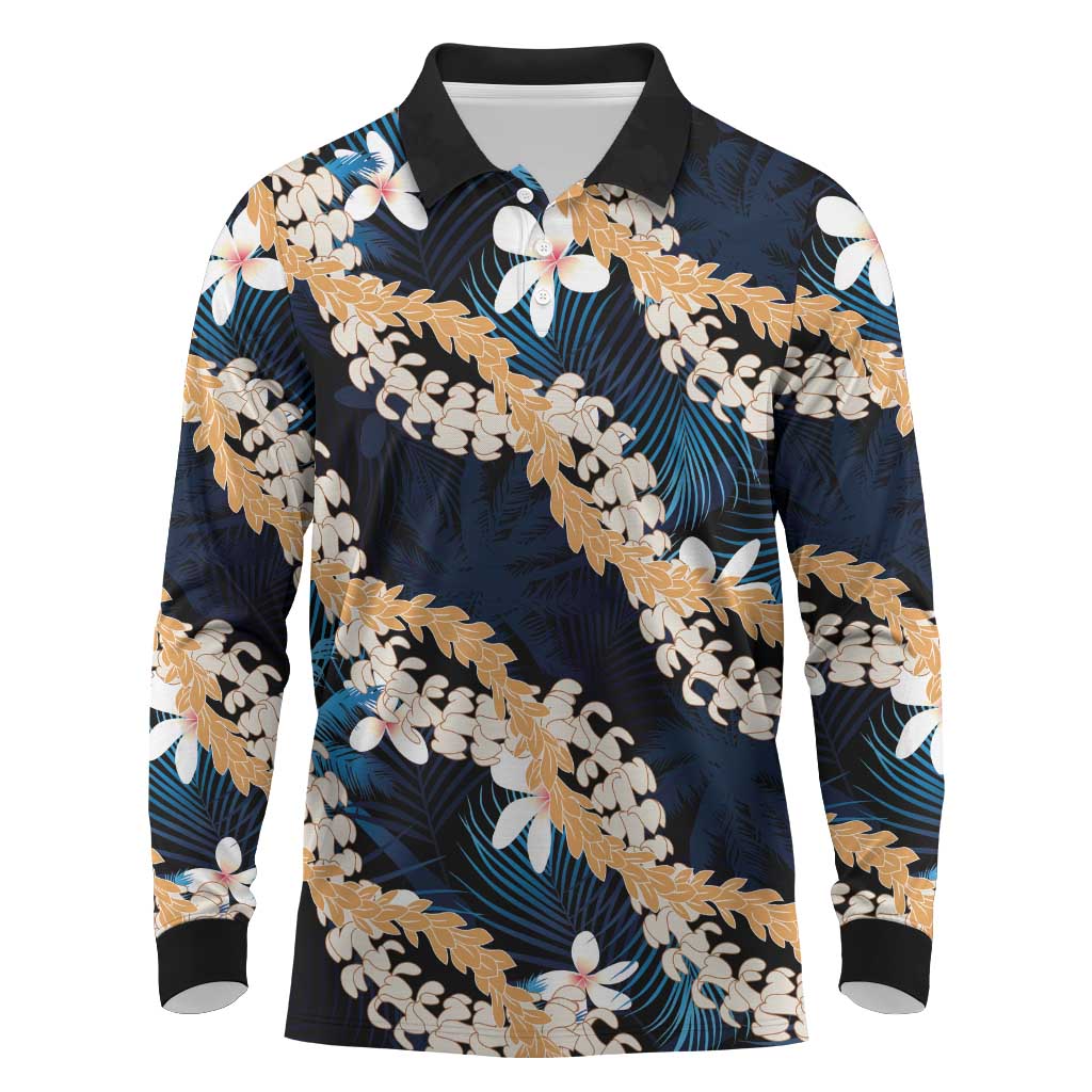 Puakenikeni Maile Lei Long Sleeve Polo Shirt Frangipani Blue Tropical Leaves