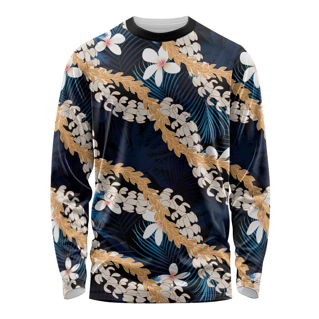 Puakenikeni Maile Lei Long Sleeve Shirt Frangipani Blue Tropical Leaves