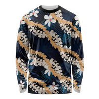 Puakenikeni Maile Lei Long Sleeve Shirt Frangipani Blue Tropical Leaves