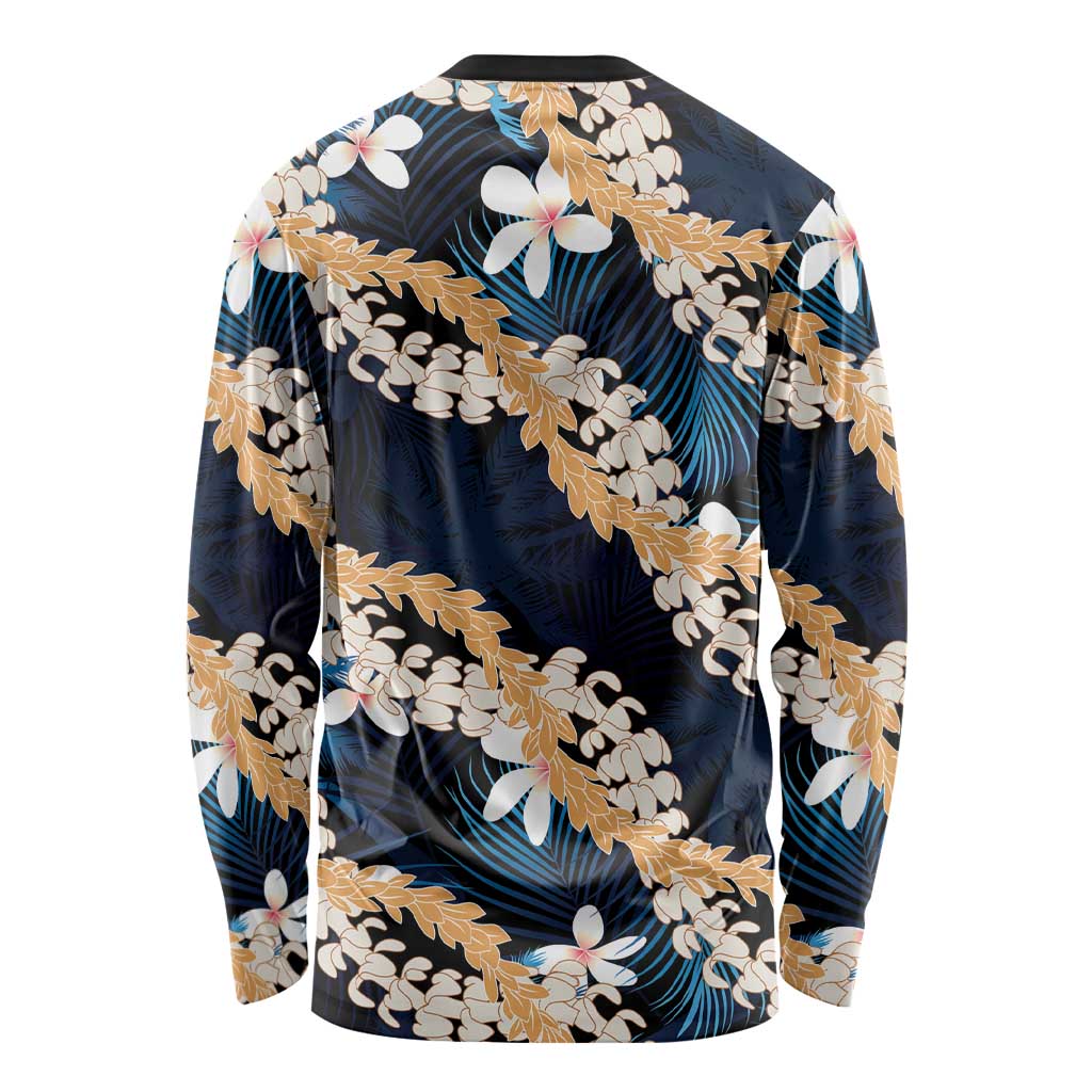 Puakenikeni Maile Lei Long Sleeve Shirt Frangipani Blue Tropical Leaves