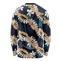 Puakenikeni Maile Lei Long Sleeve Shirt Frangipani Blue Tropical Leaves
