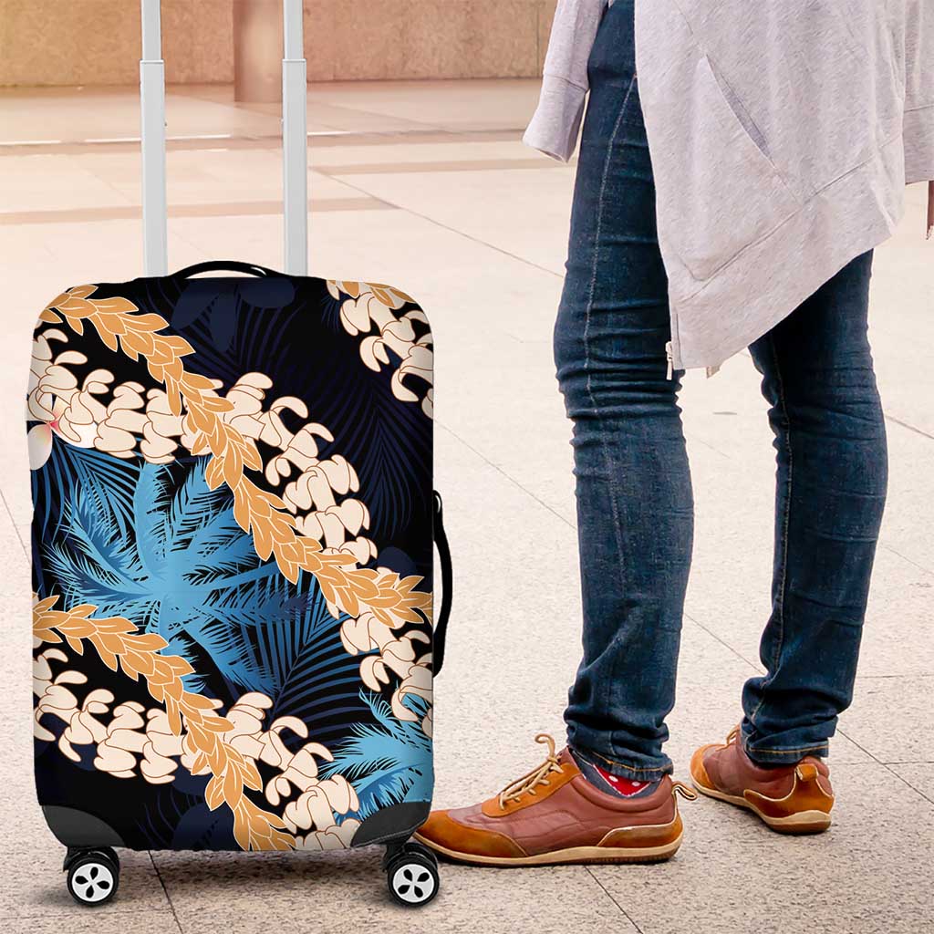 Puakenikeni Maile Lei Luggage Cover Frangipani Blue Tropical Leaves