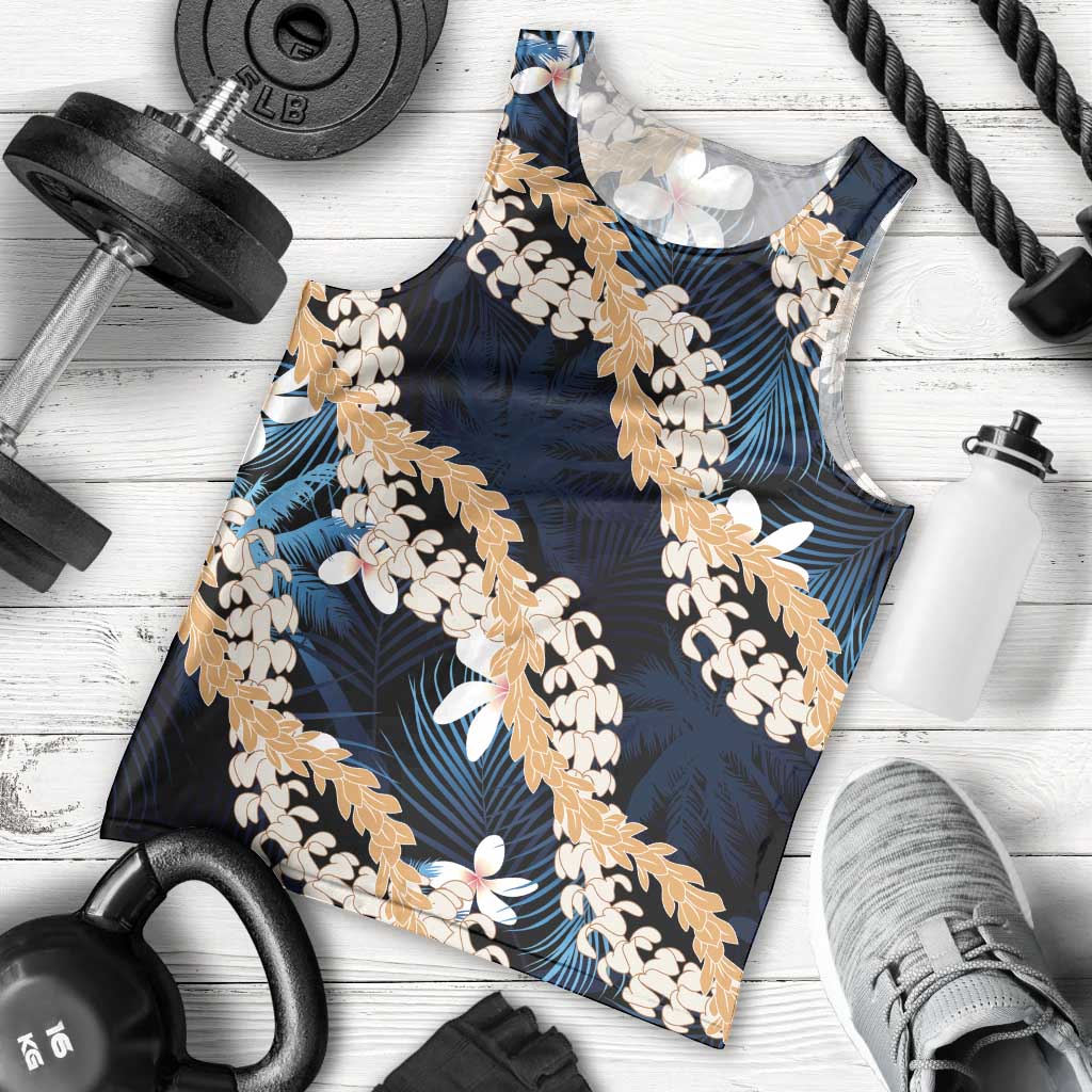 Puakenikeni Maile Lei Men Tank Top Frangipani Blue Tropical Leaves