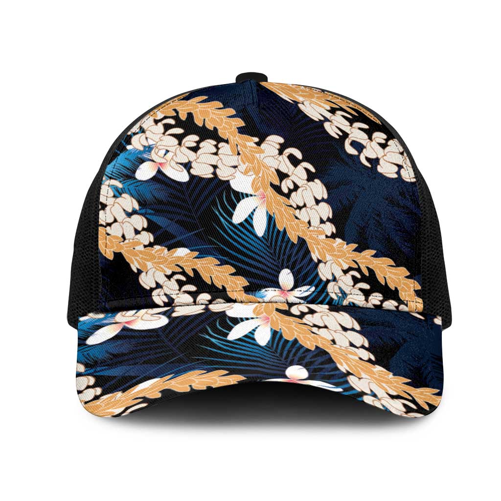 Puakenikeni Maile Lei Mesh Trucker Cap Frangipani Blue Tropical Leaves