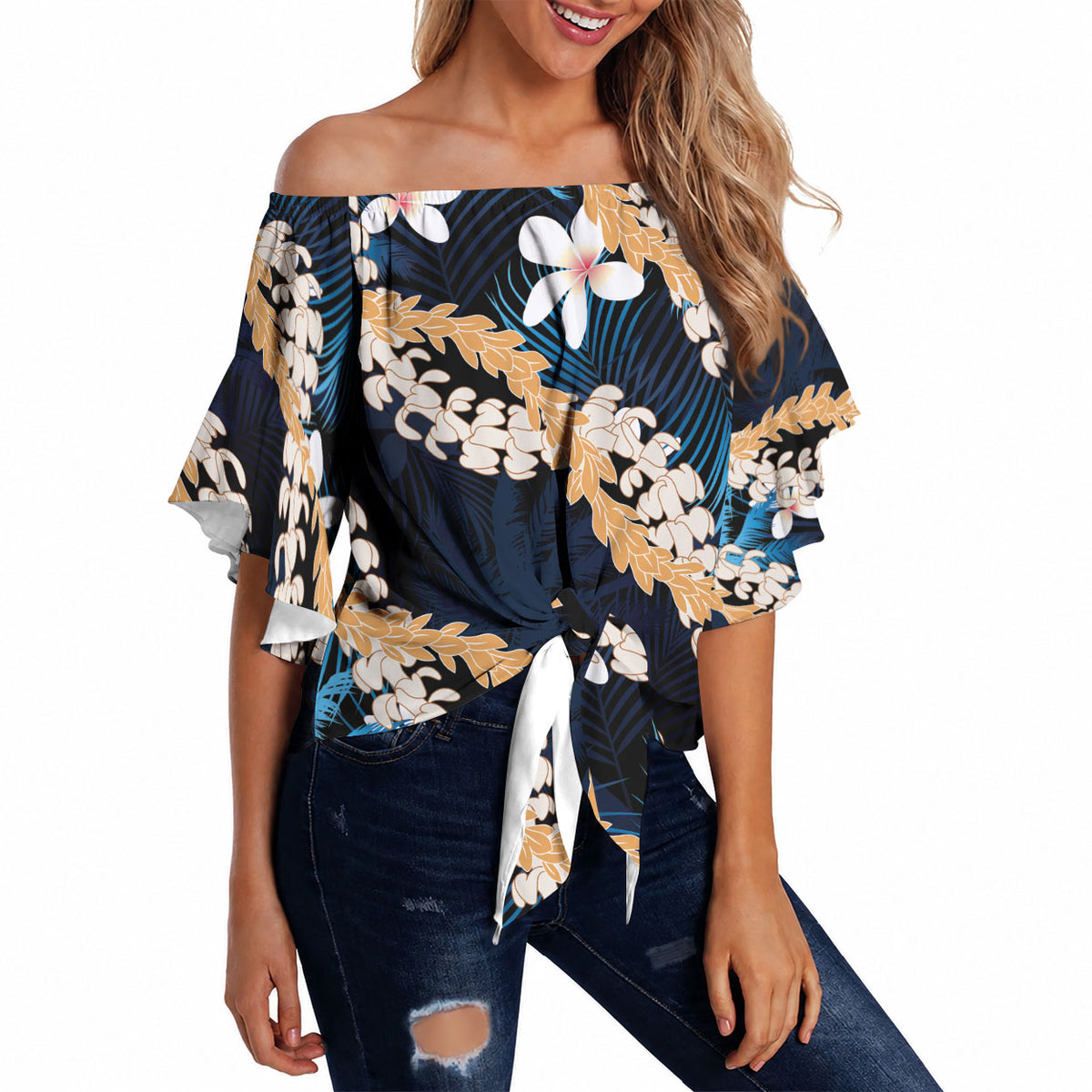 Puakenikeni Maile Lei Off Shoulder Wrap Waist Top Frangipani Blue Tropical Leaves LT01 - Polynesian Pride