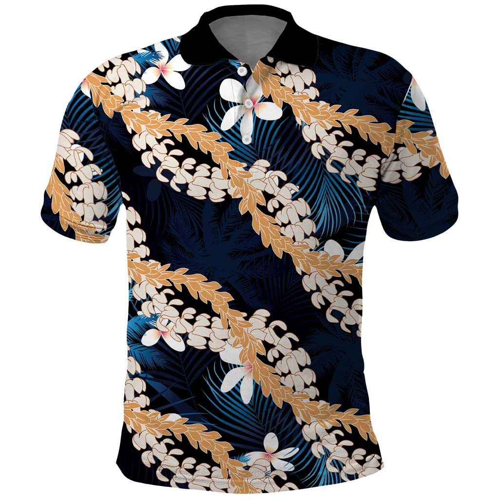 Puakenikeni Maile Lei Polo Shirt Frangipani Blue Tropical Leaves