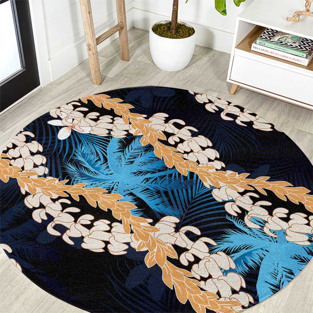 Puakenikeni Maile Lei Round Carpet Frangipani Blue Tropical Leaves