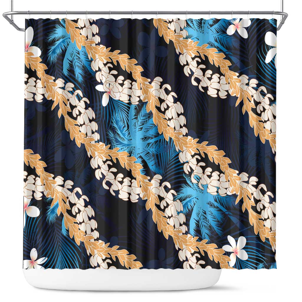 Puakenikeni Maile Lei Shower Curtain Frangipani Blue Tropical Leaves