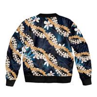 Puakenikeni Maile Lei Sleeve Zip Bomber Jacket Frangipani Blue Tropical Leaves LT01 - Polynesian Pride