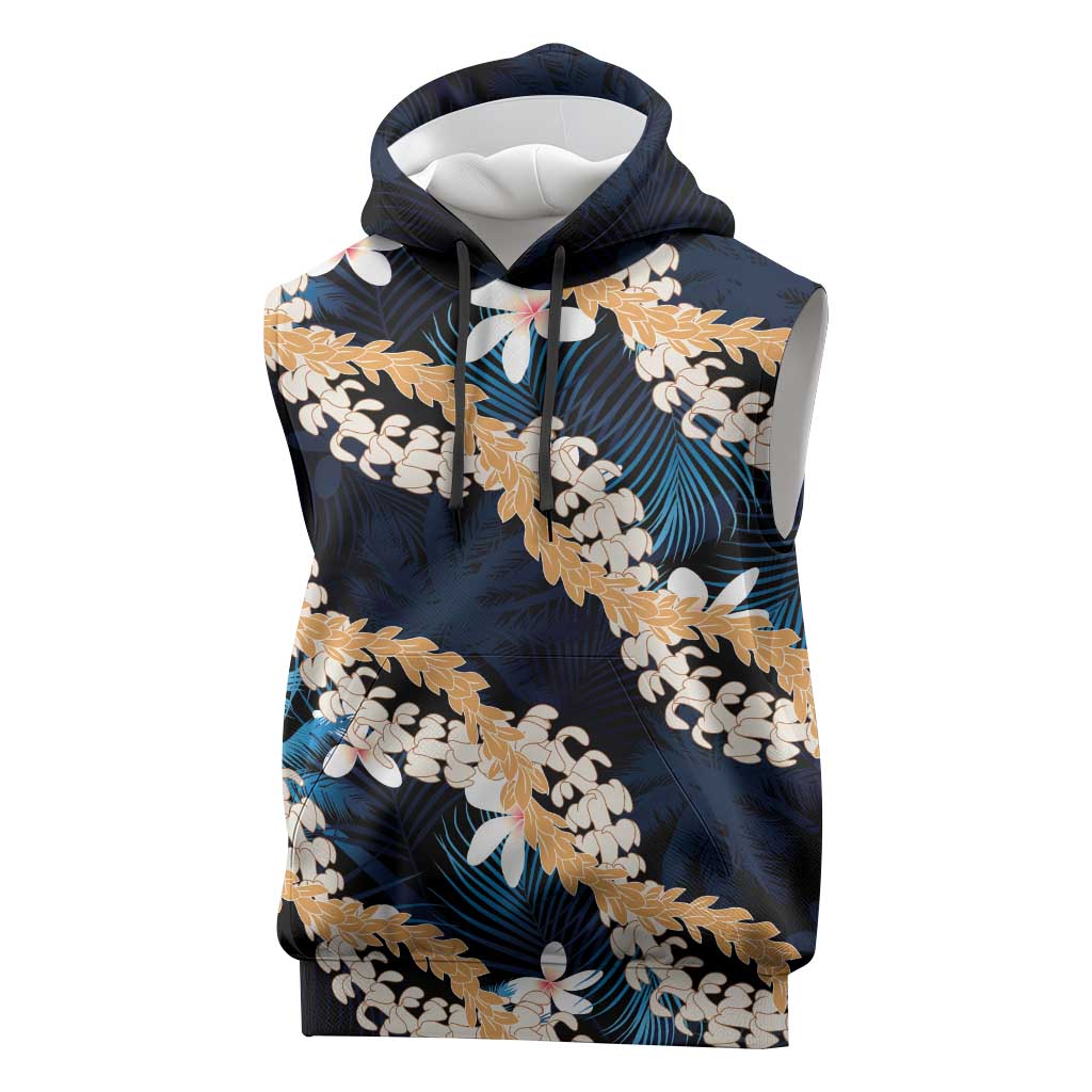 Puakenikeni Maile Lei Sleeveless Hoodie Frangipani Blue Tropical Leaves