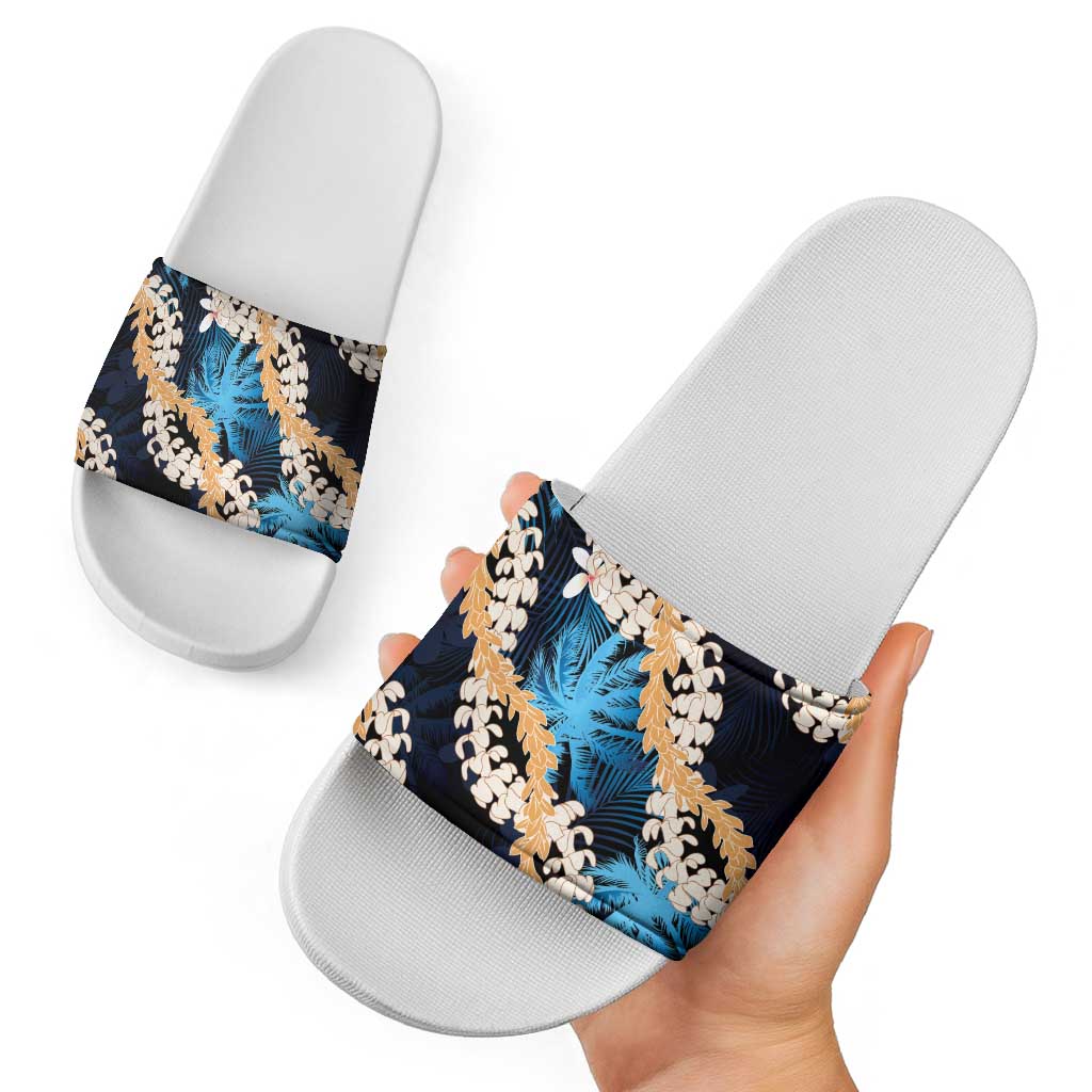 Puakenikeni Maile Lei Slide Sandals Frangipani Blue Tropical Leaves LT01 - Polynesian Pride