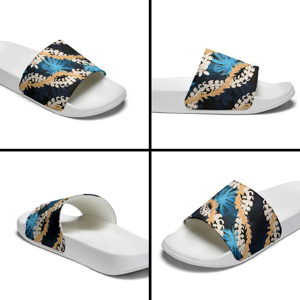 Puakenikeni Maile Lei Slide Sandals Frangipani Blue Tropical Leaves LT01 - Polynesian Pride