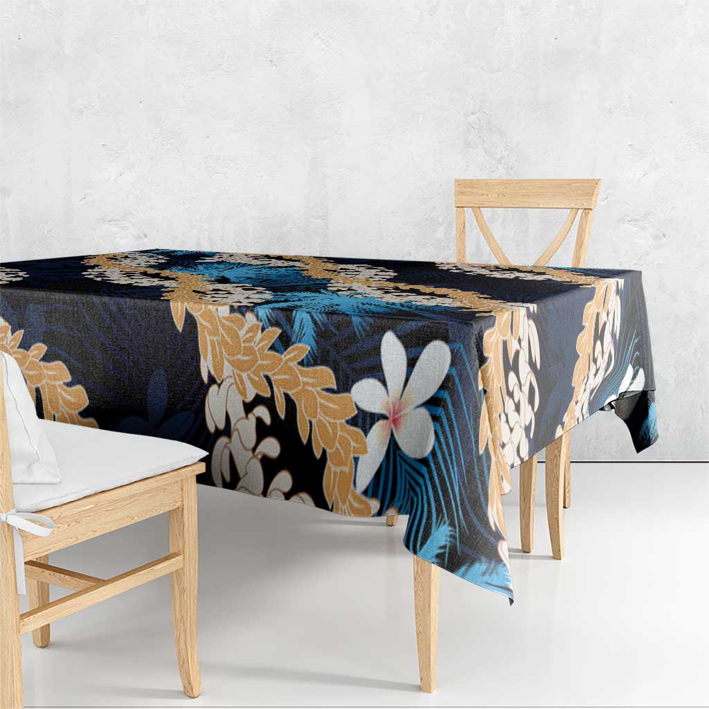 Puakenikeni Maile Lei Tablecloth Frangipani Blue Tropical Leaves