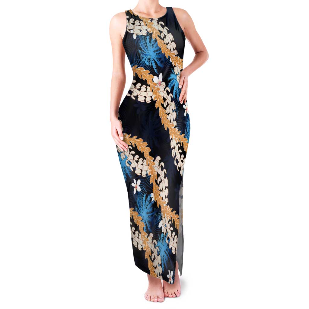 Puakenikeni Maile Lei Tank Maxi Dress Frangipani Blue Tropical Leaves