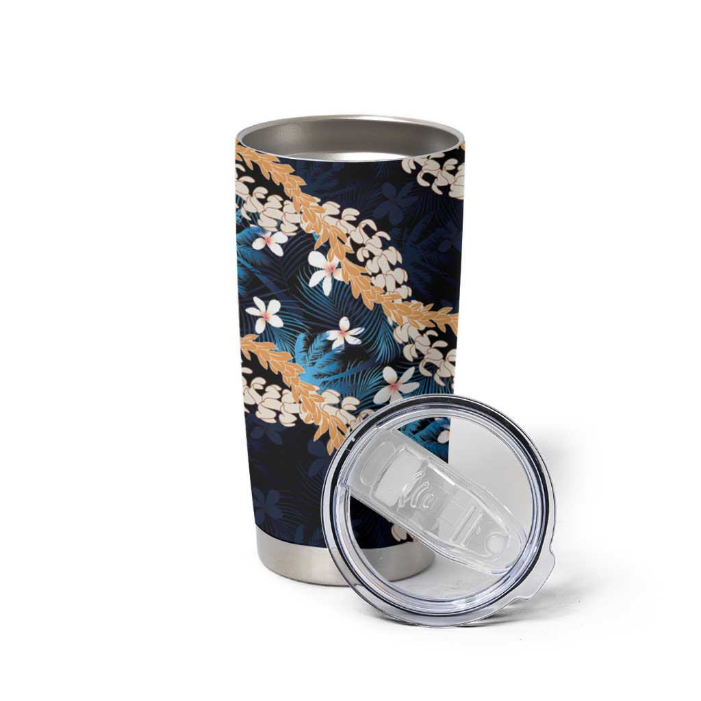 Puakenikeni Maile Lei Tumbler Cup Frangipani Blue Tropical Leaves