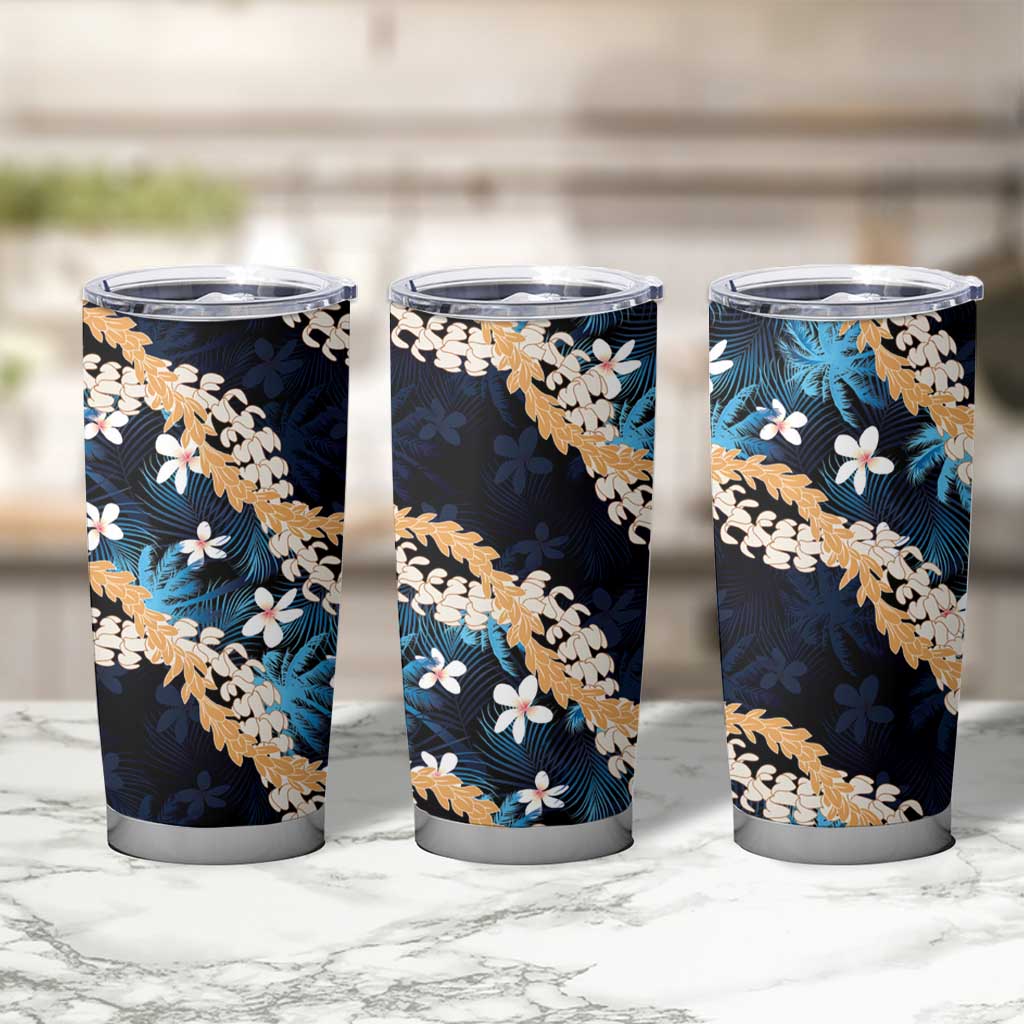 Puakenikeni Maile Lei Tumbler Cup Frangipani Blue Tropical Leaves