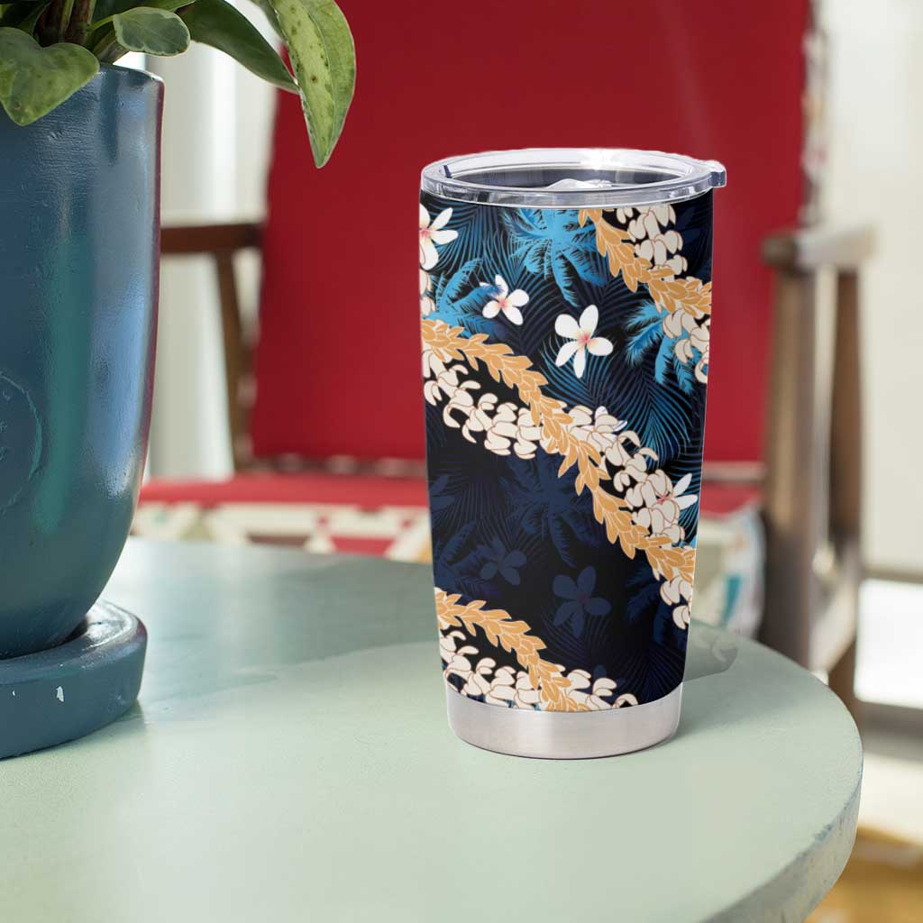 Puakenikeni Maile Lei Tumbler Cup Frangipani Blue Tropical Leaves