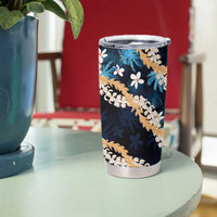 Puakenikeni Maile Lei Tumbler Cup Frangipani Blue Tropical Leaves