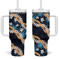 Puakenikeni Maile Lei Tumbler With Handle Frangipani Blue Tropical Leaves