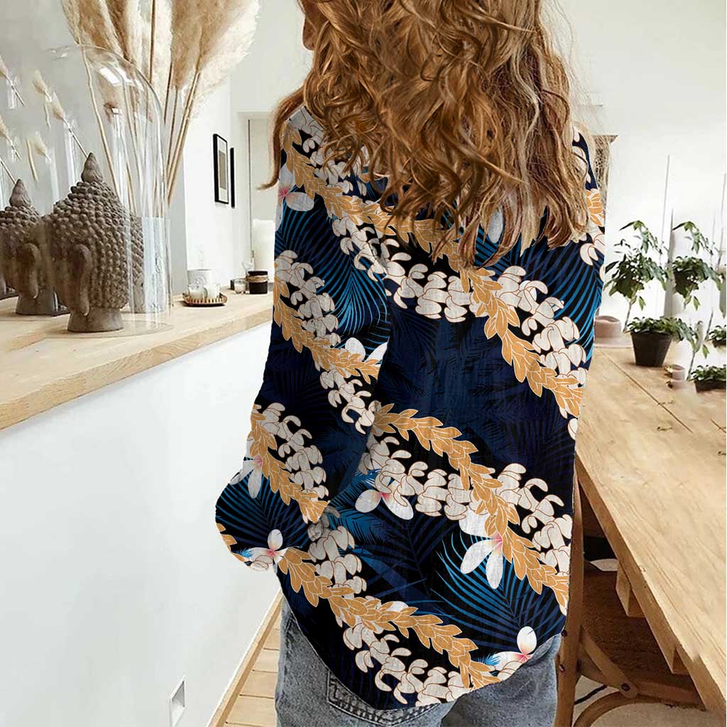 Puakenikeni Maile Lei Women Casual Shirt Frangipani Blue Tropical Leaves LT01 - Polynesian Pride