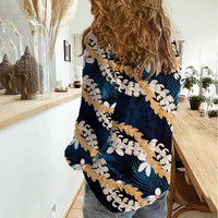 Puakenikeni Maile Lei Women Casual Shirt Frangipani Blue Tropical Leaves LT01 - Polynesian Pride