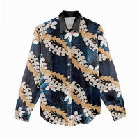 Puakenikeni Maile Lei Women Casual Shirt Frangipani Blue Tropical Leaves LT01 - Polynesian Pride