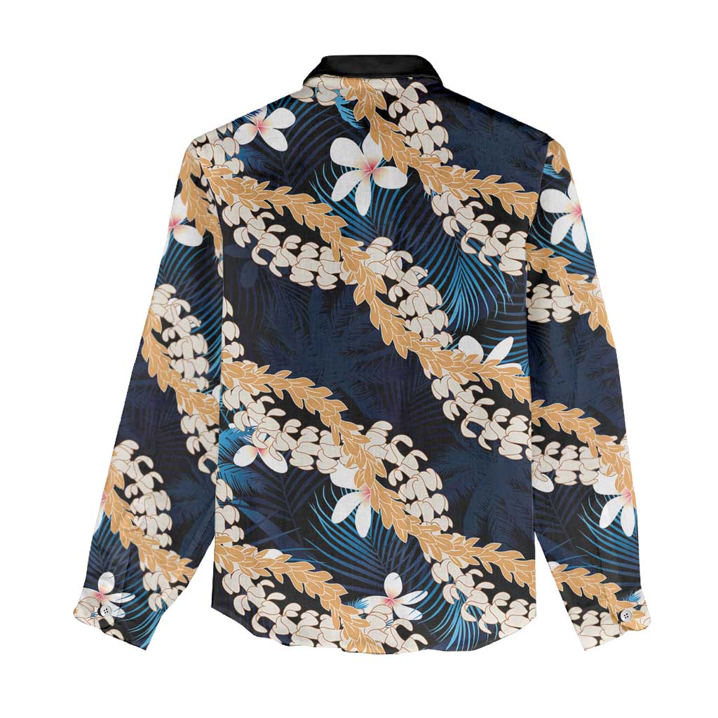 Puakenikeni Maile Lei Women Casual Shirt Frangipani Blue Tropical Leaves LT01 - Polynesian Pride