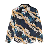Puakenikeni Maile Lei Women Casual Shirt Frangipani Blue Tropical Leaves LT01 - Polynesian Pride