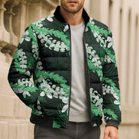 Puakenikeni Maile Lei Bomber Puffer Jacket Frangipani Green Tropical Leaves LT01 - Polynesian Pride