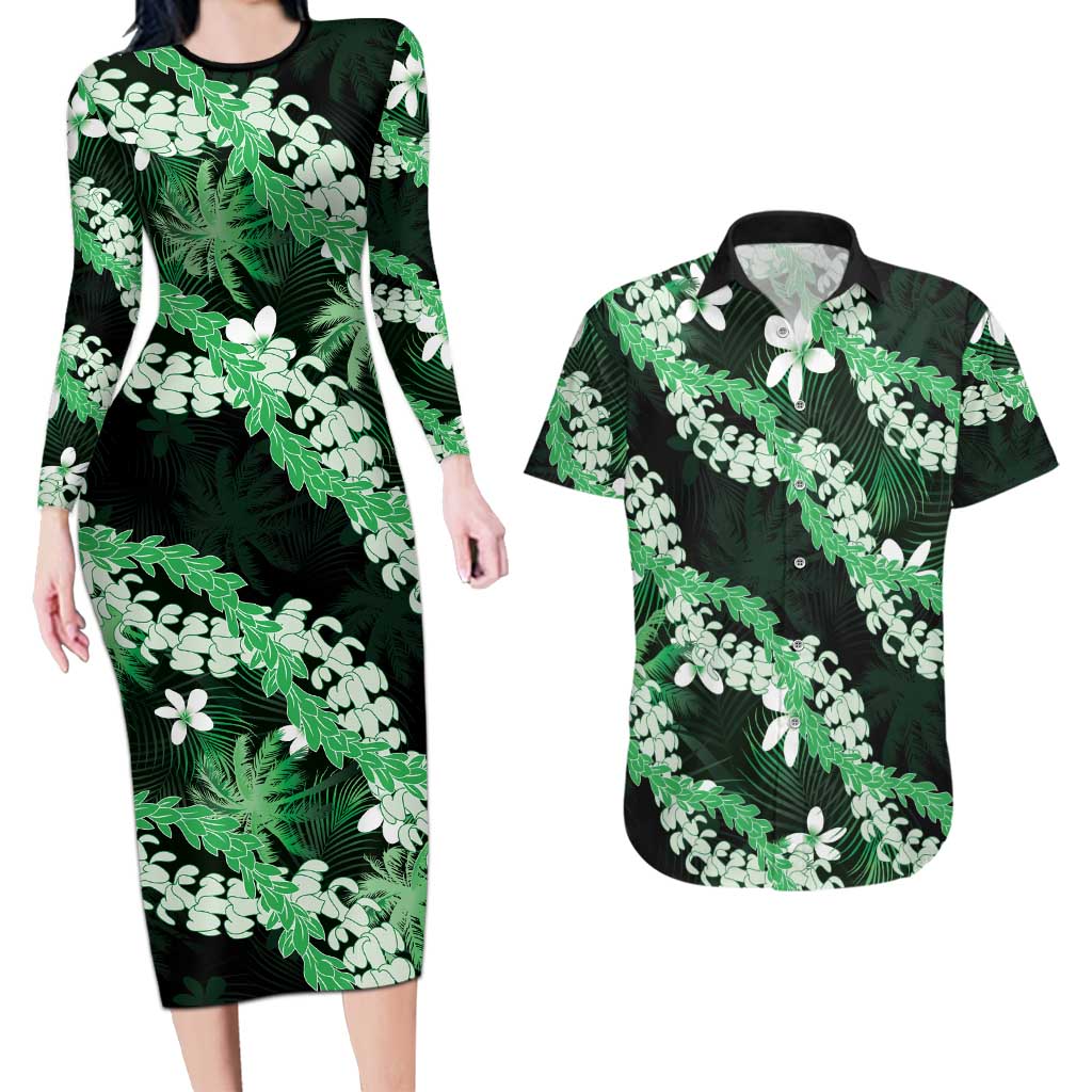 Puakenikeni Maile Lei Couples Matching Long Sleeve Bodycon Dress and Hawaiian Shirt Frangipani Green Tropical Leaves LT01 Green - Polynesian Pride