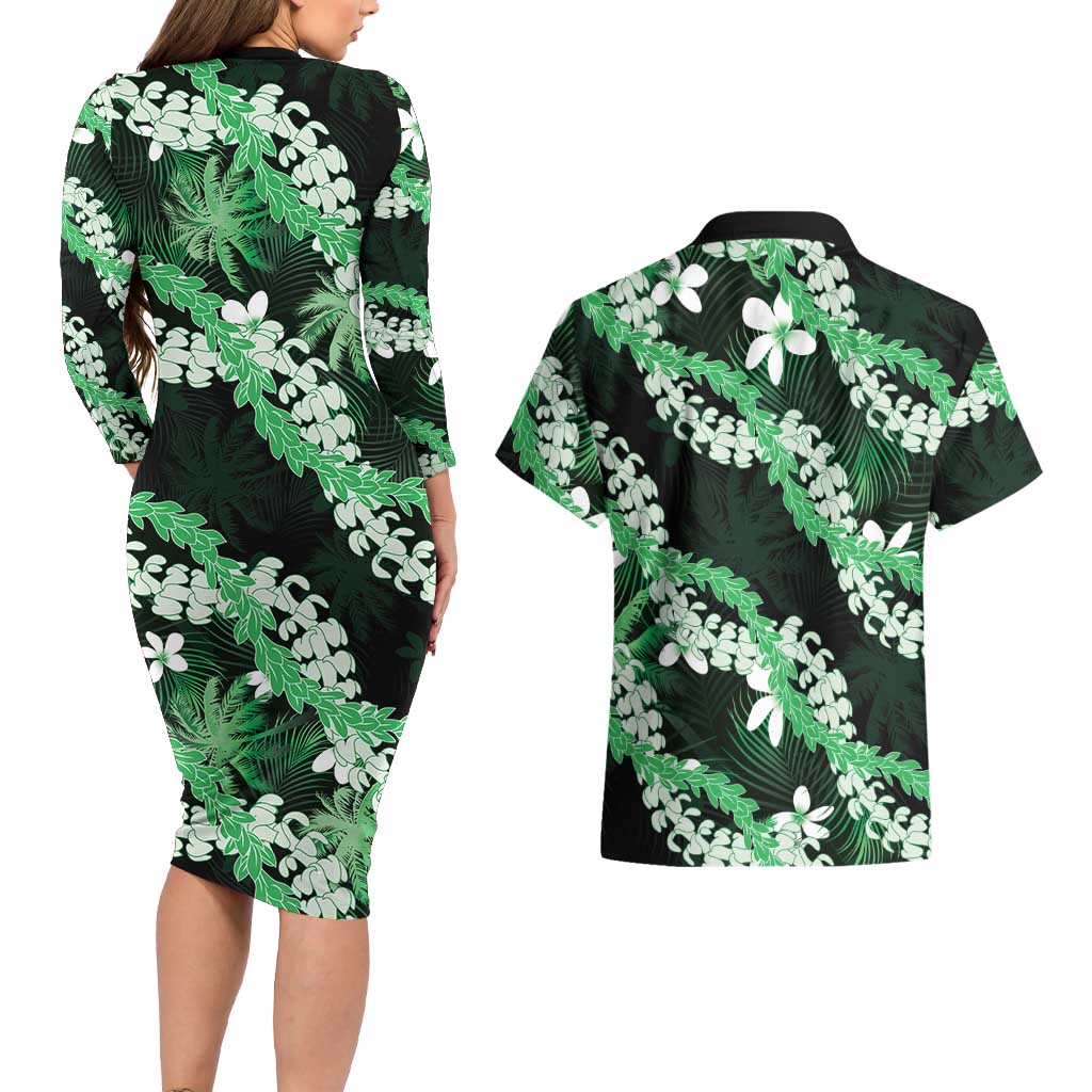 Puakenikeni Maile Lei Couples Matching Long Sleeve Bodycon Dress and Hawaiian Shirt Frangipani Green Tropical Leaves LT01 - Polynesian Pride