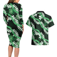 Puakenikeni Maile Lei Couples Matching Long Sleeve Bodycon Dress and Hawaiian Shirt Frangipani Green Tropical Leaves LT01 - Polynesian Pride