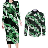 Puakenikeni Maile Lei Couples Matching Long Sleeve Bodycon Dress and Long Sleeve Button Shirt Frangipani Green Tropical Leaves