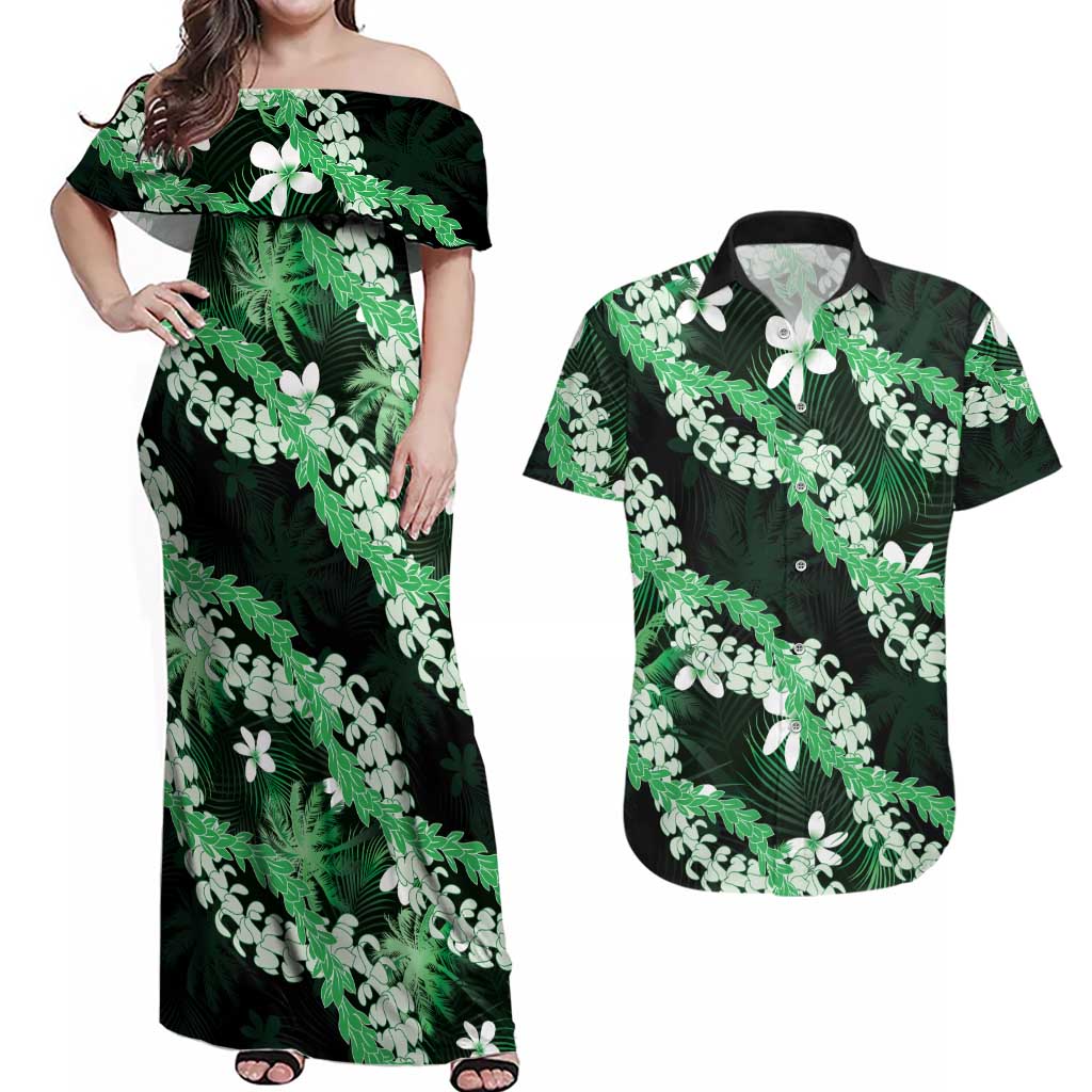 Puakenikeni Maile Lei Couples Matching Off Shoulder Maxi Dress and Hawaiian Shirt Frangipani Green Tropical Leaves