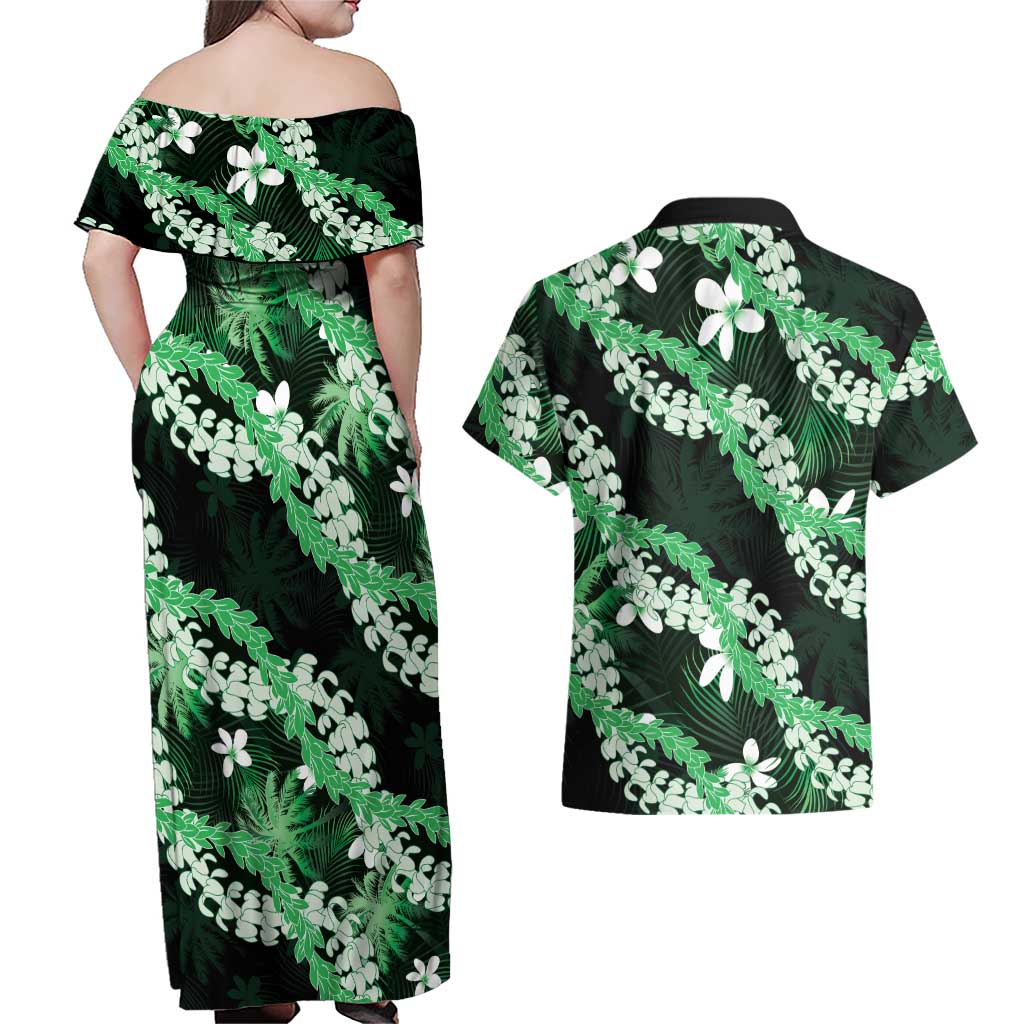 Puakenikeni Maile Lei Couples Matching Off Shoulder Maxi Dress and Hawaiian Shirt Frangipani Green Tropical Leaves