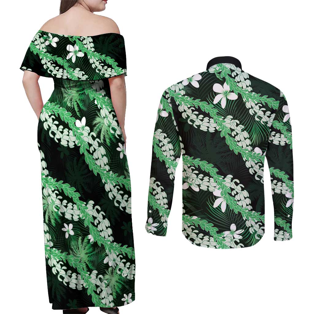 Puakenikeni Maile Lei Couples Matching Off Shoulder Maxi Dress and Long Sleeve Button Shirt Frangipani Green Tropical Leaves LT01 - Polynesian Pride