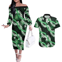 Puakenikeni Maile Lei Couples Matching Off The Shoulder Long Sleeve Dress and Hawaiian Shirt Frangipani Green Tropical Leaves