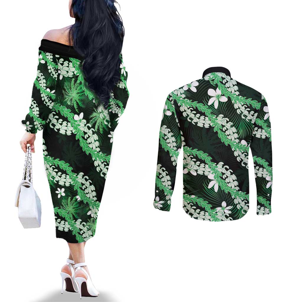 Puakenikeni Maile Lei Couples Matching Off The Shoulder Long Sleeve Dress and Long Sleeve Button Shirt Frangipani Green Tropical Leaves LT01 - Polynesian Pride