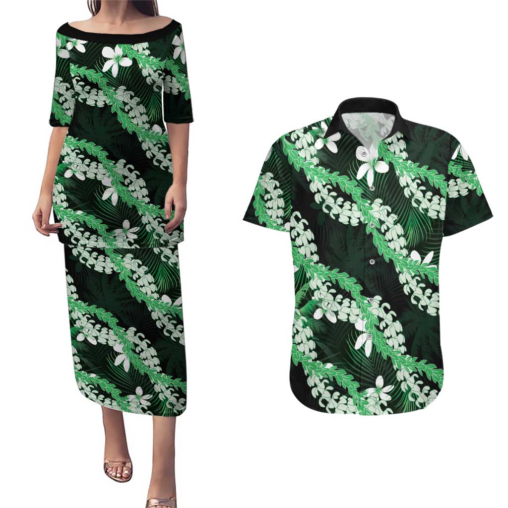 Puakenikeni Maile Lei Couples Matching Puletasi and Hawaiian Shirt Frangipani Green Tropical Leaves
