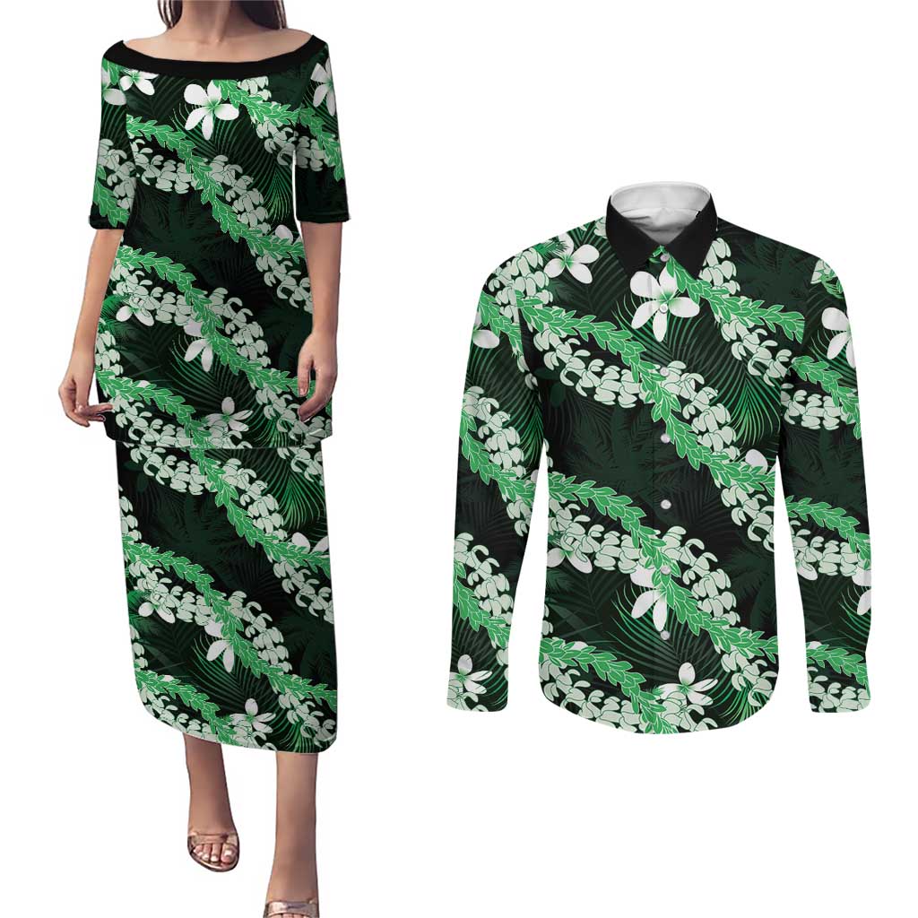 Puakenikeni Maile Lei Couples Matching Puletasi and Long Sleeve Button Shirt Frangipani Green Tropical Leaves LT01 Green - Polynesian Pride