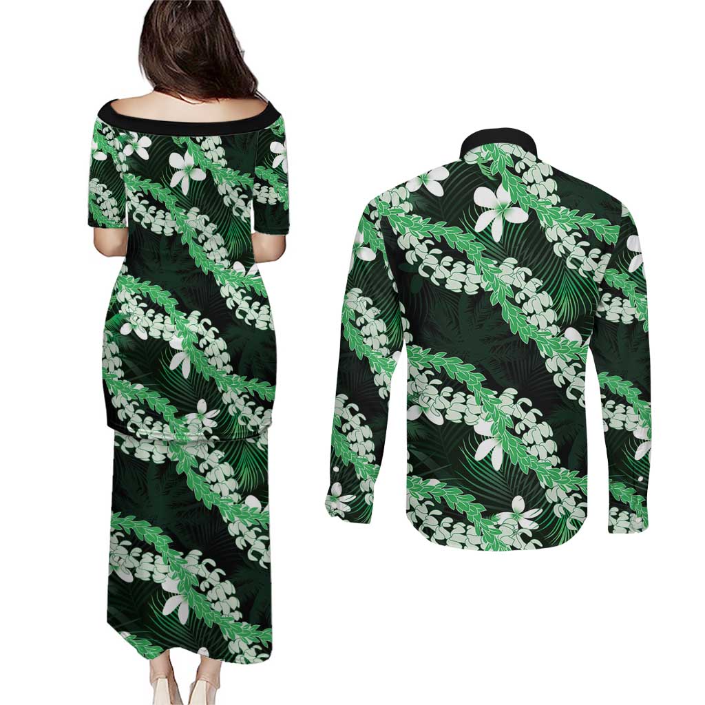 Puakenikeni Maile Lei Couples Matching Puletasi and Long Sleeve Button Shirt Frangipani Green Tropical Leaves LT01 - Polynesian Pride