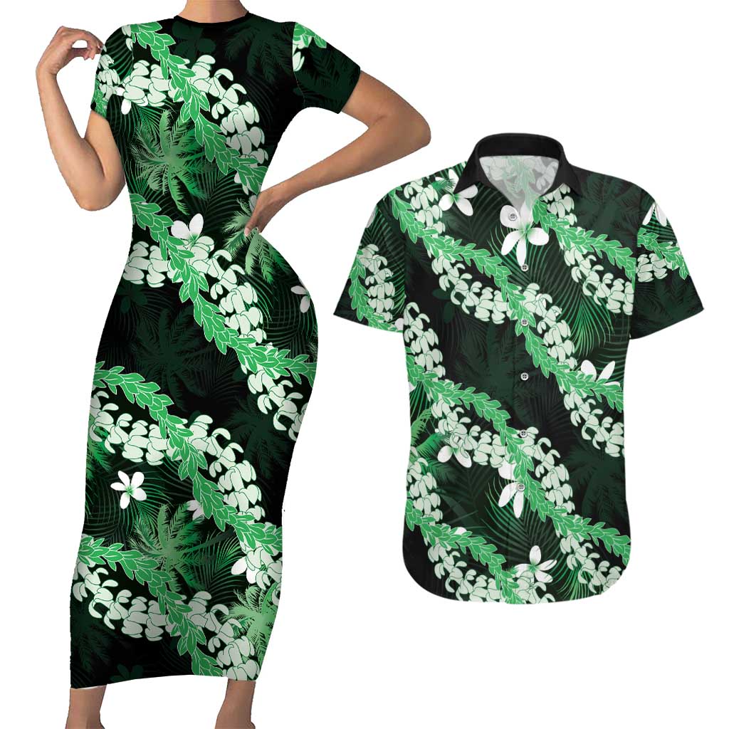 Puakenikeni Maile Lei Couples Matching Short Sleeve Bodycon Dress and Hawaiian Shirt Frangipani Green Tropical Leaves LT01 Green - Polynesian Pride