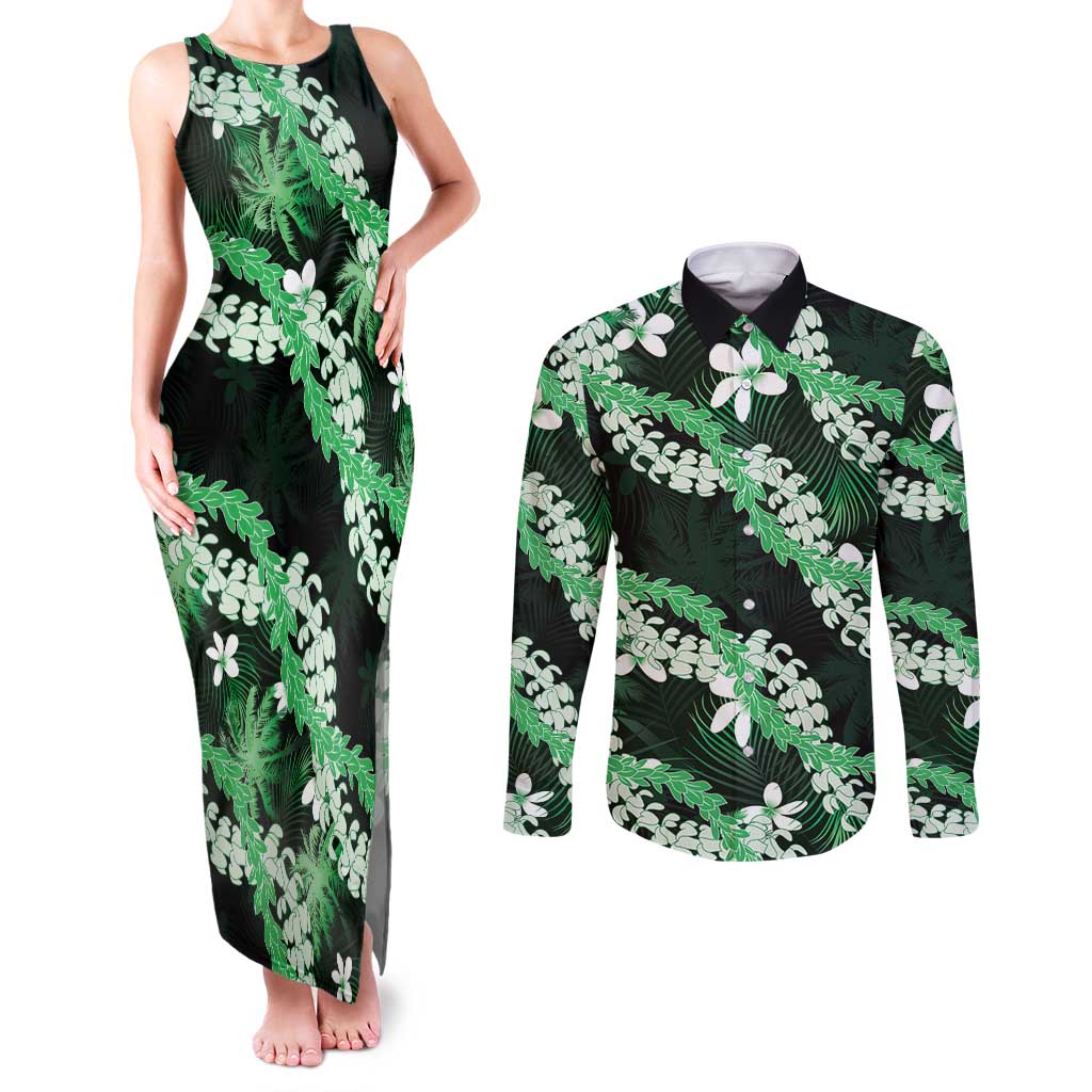 Puakenikeni Maile Lei Couples Matching Tank Maxi Dress and Long Sleeve Button Shirt Frangipani Green Tropical Leaves