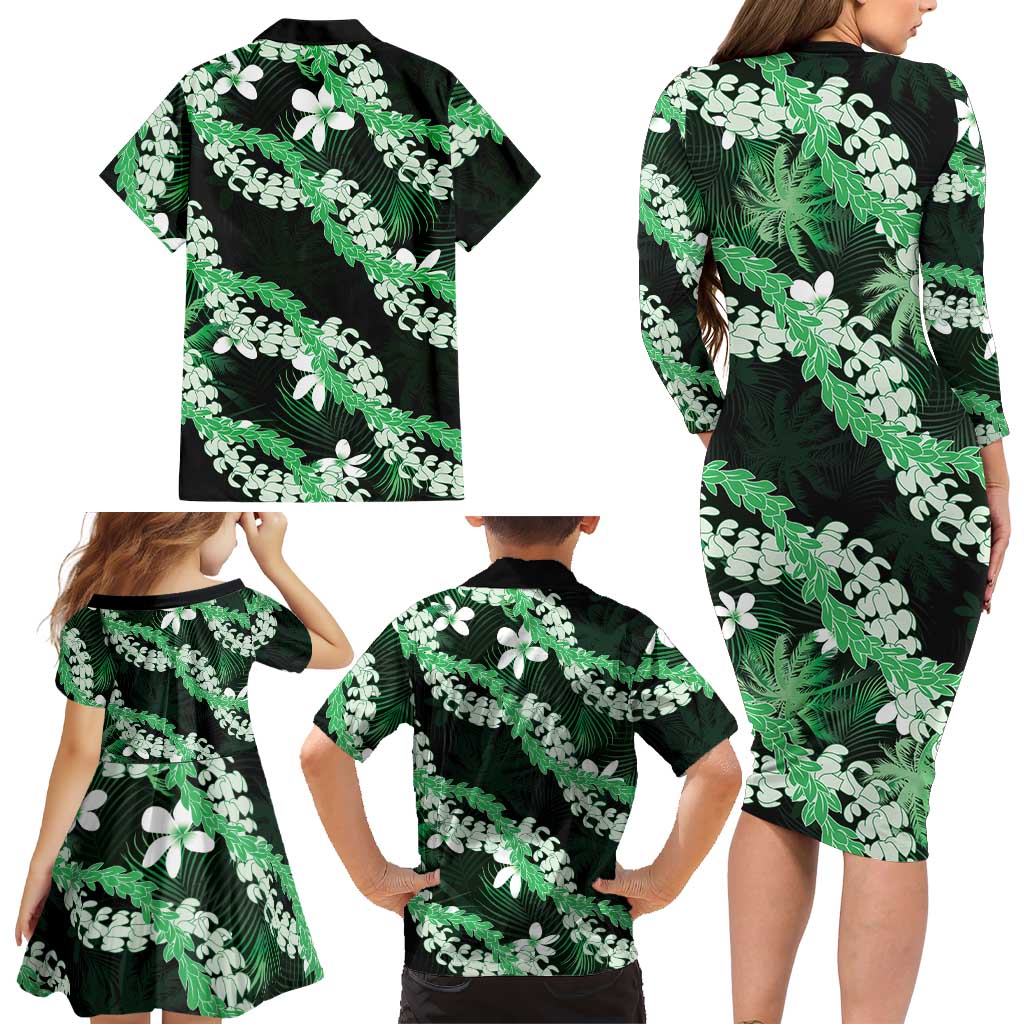 Puakenikeni Maile Lei Family Matching Long Sleeve Bodycon Dress and Hawaiian Shirt Frangipani Green Tropical Leaves