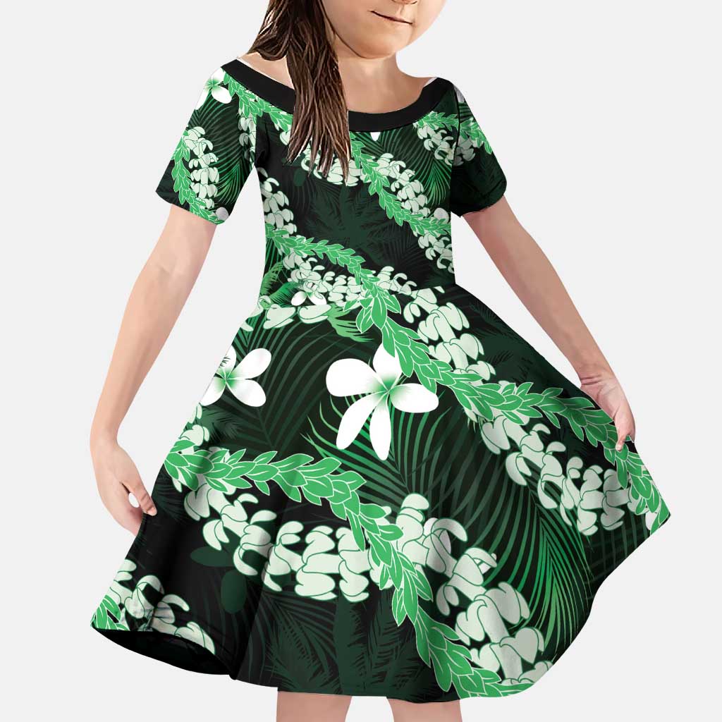 Puakenikeni Maile Lei Family Matching Off Shoulder Maxi Dress and Hawaiian Shirt Frangipani Green Tropical Leaves LT01 Daughter's Dress Green - Polynesian Pride