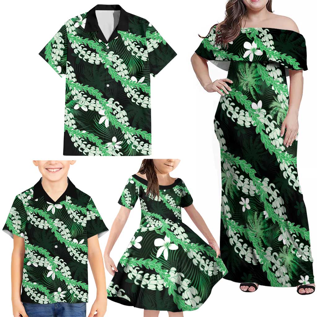 Puakenikeni Maile Lei Family Matching Off Shoulder Maxi Dress and Hawaiian Shirt Frangipani Green Tropical Leaves LT01 - Polynesian Pride