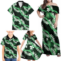 Puakenikeni Maile Lei Family Matching Off Shoulder Maxi Dress and Hawaiian Shirt Frangipani Green Tropical Leaves LT01 - Polynesian Pride